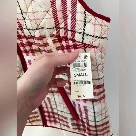 NWT red & cream bubble vest Karen Scott standard collar plaid quilted puffer - Picture 4 of 7